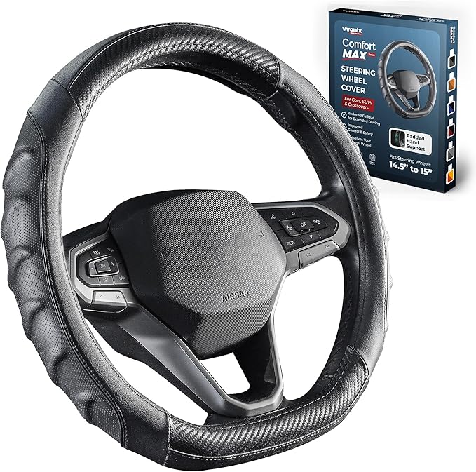 Carbon Fiber D Shaped Steering Wheel Cover – Universal 15 Inch (14.5-15″) Flat Bottom Steering Wheel Cover – Non Slip Leather Grip with Gel Comfort Padding – Sporty Design for Cars, SUVs & Trucks