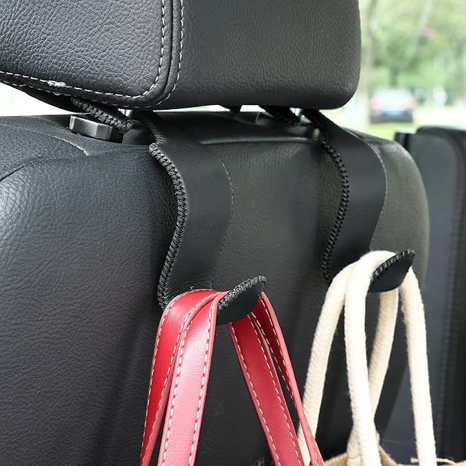 Amooca Car Seat Headrest Hook 4 Pack Metal Core Hanger Universal Car Storage Organizer for Handbag Purse Coat S Type Leather Black