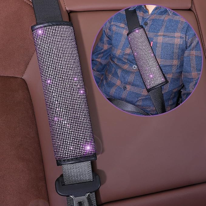 Steering Wheel Cover Set for Women Girl,7 Pack Crystal Diamond Rhinestone Purple Bling Car Accessories, Seat Belt Cover, Gear Shift Cover, Car Bling Ring, Cup Holder Coasters, Purple