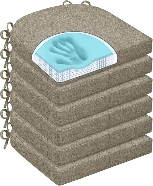 Chair Cushions for Dining Chairs, Non Slip Chair Pads with Ties and Washable Covers, Memory Foam Kitchen Chair Cushions Set of 6, 16"X16"X2.5", Khaki
