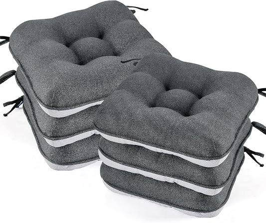 BETU Chair Cushions for Dining Chairs Set of 6,3.5" Thick Kitchen Table Chair Pads with Ties,Non Slip Backing and Covers, Seat Cushion for Dining Room,Bar,Patio Chairs,15.5"X15.5"X3.5",Dark Grey