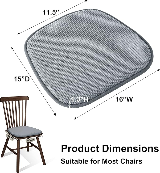 Shinnwa Kitchen Seat Cushions Set of 2, Non Slip Dining Chair Cushions, U-Shaped Indoor Chair Pads, 2 Pack, 15 x 16 Inches, Grey