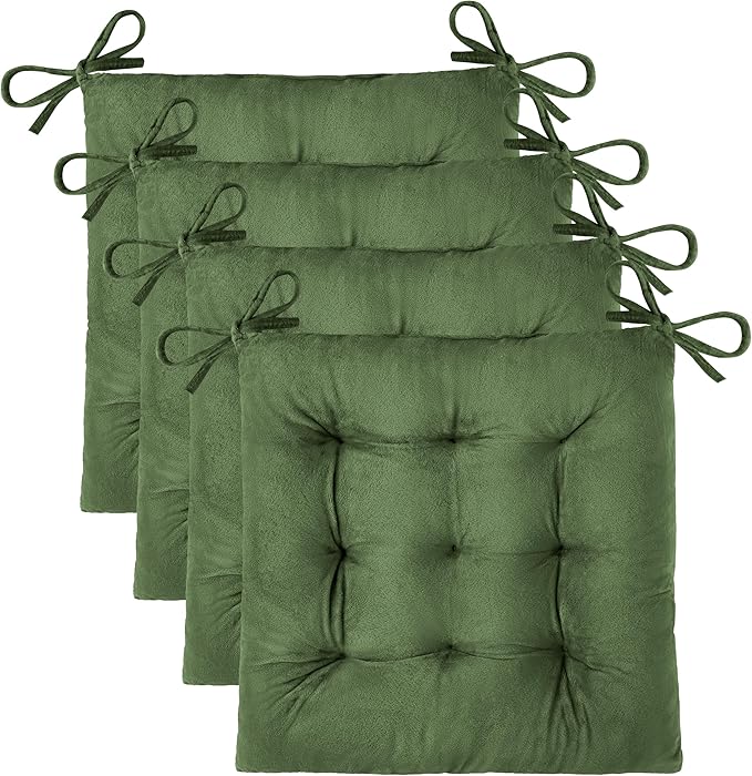 OVOV 4 Pack Chair Cushions for Dining Chairs Soft Seat Cushions for Kitchen Desk Chairs Square Chair Pads with Ties (15.5"x15.5" Green)