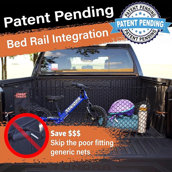 Envelope Cargo Net for Toyota Tundra - Fits 2007-Current - Patented Bed Rail Integration - Upgraded 5mm Bungee - Integrated Storage Bag - Heavy Duty Carabiners - Designed in USA