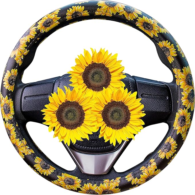 Evankin Sunflower Steering Wheel Cover Cute and Handmade,Leather Universal Steering Wheel Cover 15 inch, Fashionable Boho Sunflower Car Accessories for Women,Top Girl Car Accessories