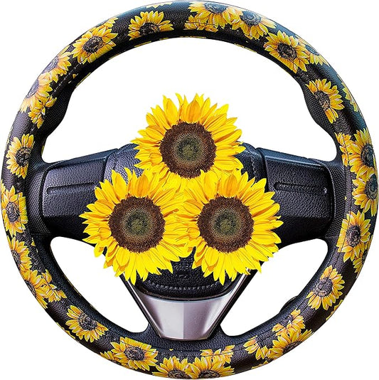 Evankin Sunflower Steering Wheel Cover Cute and Handmade,Leather Universal Steering Wheel Cover 15 inch, Fashionable Boho Sunflower Car Accessories for Women,Top Girl Car Accessories