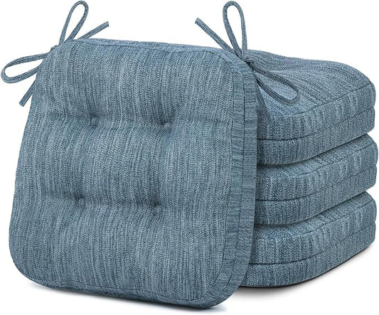 Shinnwa Kitchen Chair Cushions Set of 4, Dual-Layer Memory Foam Dining Chair Cushions, Patented Design Seat Pads with Ties, 16.5 x 16.5 x 3.5in, 4 Pack, Denim Blue