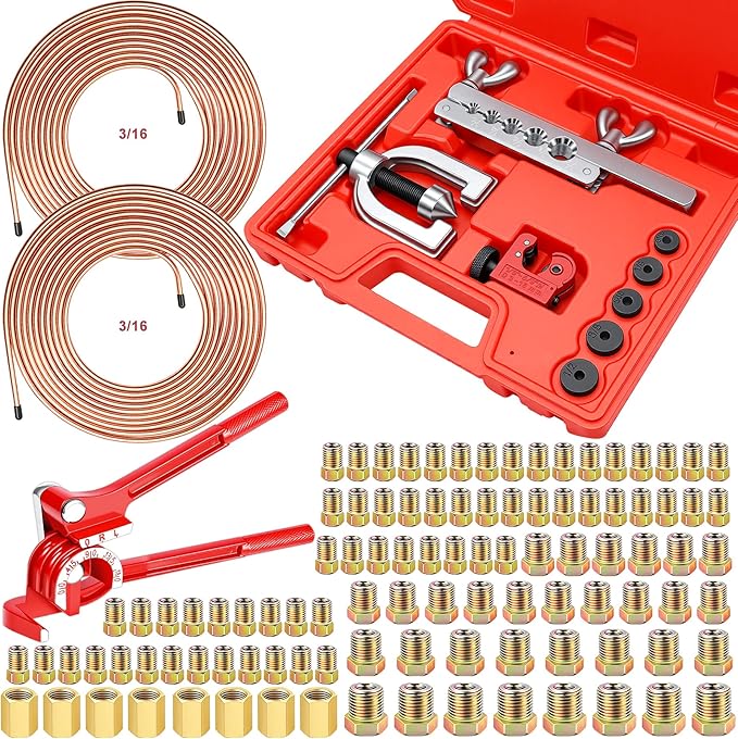 smseace 112Pack 3/16 Inch+3/16 Inch Double & Single Brake Line Flaring Tool Kit include 25 FT Copper-plated Brake Lines with Fittings,Union,Tubing Bender,Flare Tool,Cutter Brake Line Repair Kit