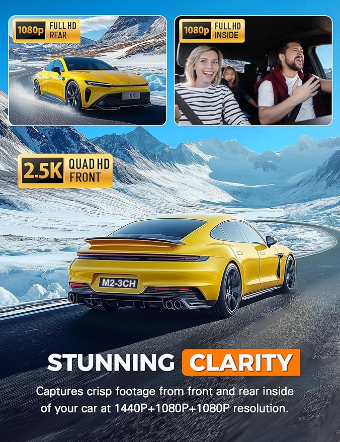 Galphi 3 Channel WiFi Dash Cam Front and Rear Inside, 2.5K+1080P+1080P Car Dash Camera for Cars Front and Rear, Dashcam with G-Sensor, Loop Recording, 24H Parking Mode, SD Card NOT Included