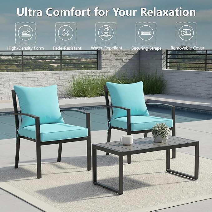 22x22 Inch Patio Chair Cushions Set of 2, Outdoor Furniture Cushions - Removable Cover, Water-Repellent, Fade-Resistant, Non-Slip Bottom & Straps, Replacement for Lawn, Porch & Deck Chair - Light Blue