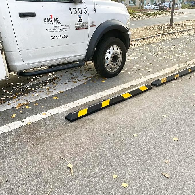 Guardian 4 Pack Parking Stop, Rubber Stopper and Curb with Mounting Holes, 6 Ft, Black/Yellow - Highly Visible Accessory for Car and Passenger Safety - Ideal for Job Sites, Driveways, and Garages