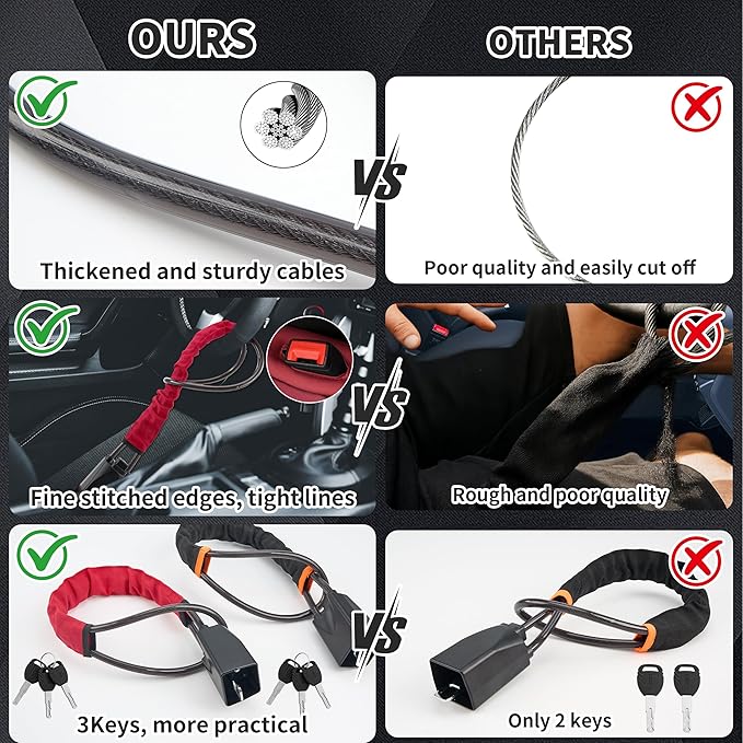Car Steering Wheel Lock, 2 Pack Anti Theft Car Device with Max 17” Locking Length, Thickened Steel Wire, and Fine Stitched Edges, 3 Keys Included, Easy to Store, Fits Most Vehicles, SUVs