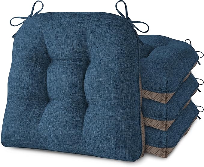 AddGrace Chair Cushions for Dining Chairs Set of 4 Kitchen Seat Cushions with Ties and Non Slip Backing Tufted Indoor Seat Pad for Kitchen Dining Room 18" x 17" x 3" Navy