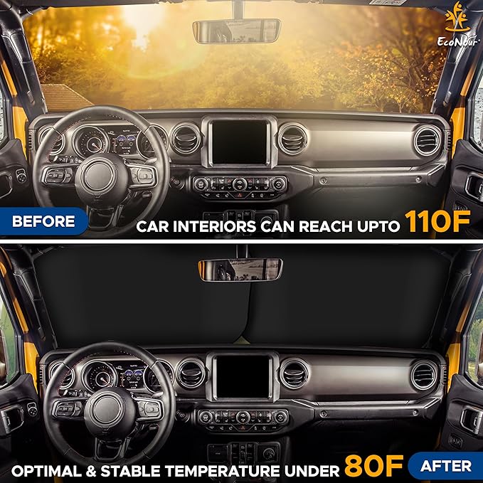 EcoNour 2-Piece Jeep Sunshade for Windshield Compatible with Wrangler JL JLU 2018–2025 & Gladiator 2020–2026, Foldable Sun Shade UV Block Heat Shield, Keeps Interior Cool, Upgraded Fit – (26"L x 18"W)