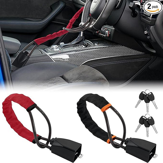 Car Steering Wheel Lock, 2 Pack Anti Theft Car Device with Max 17” Locking Length, Thickened Steel Wire, and Fine Stitched Edges, 3 Keys Included, Easy to Store, Fits Most Vehicles, SUVs