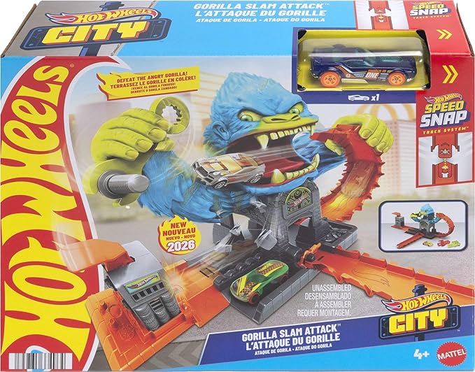 Hot Wheels Toy Car Track Set, City Gorilla Slam Attack Playset & 1:64 Scale Vehicle, Nemesis Challenge with Multiple Ways to Play, Speed Snap Track