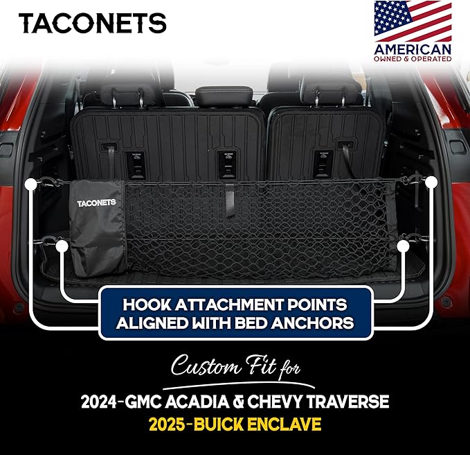 Envelope Cargo Net for Acadia/Traverse/Enclave - Fits 2024-Current - Upgraded 5mm Bungee - Integrated Storage Bag - Heavy Duty Hooks - Designed in USA