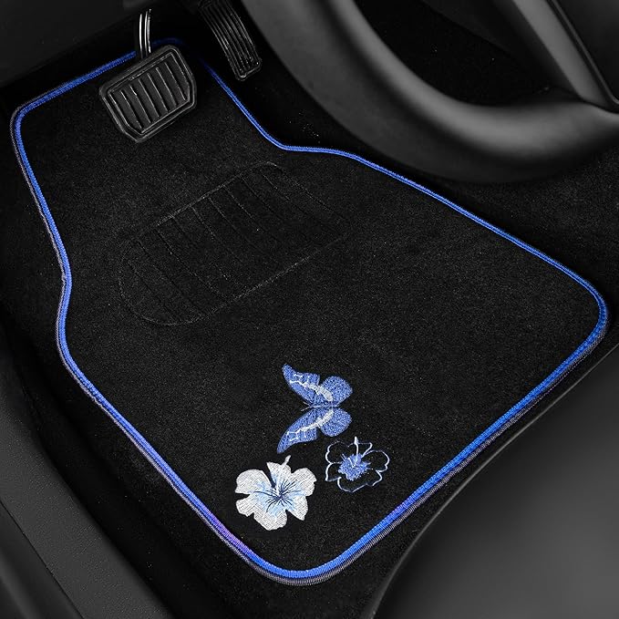 CAR PASS Universal Fit Embroidery Butterfly and Flower Car Floor Mats, Blue Car Floor Mats Fit 95% Automotive,SUVS,Sedan,Vans,for Women,Girly,Set of 4 (Black with Blue)