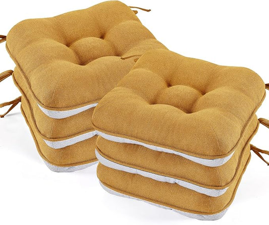 BETU Chair Cushions for Dining Chairs Set of 6,3.5" Thick Kitchen Table Chair Pads with Ties,Non Slip Backing and Covers, Seat Cushion for Dining Room,Bar,Patio Chairs,15.5"X15.5"X3.5",Yellow