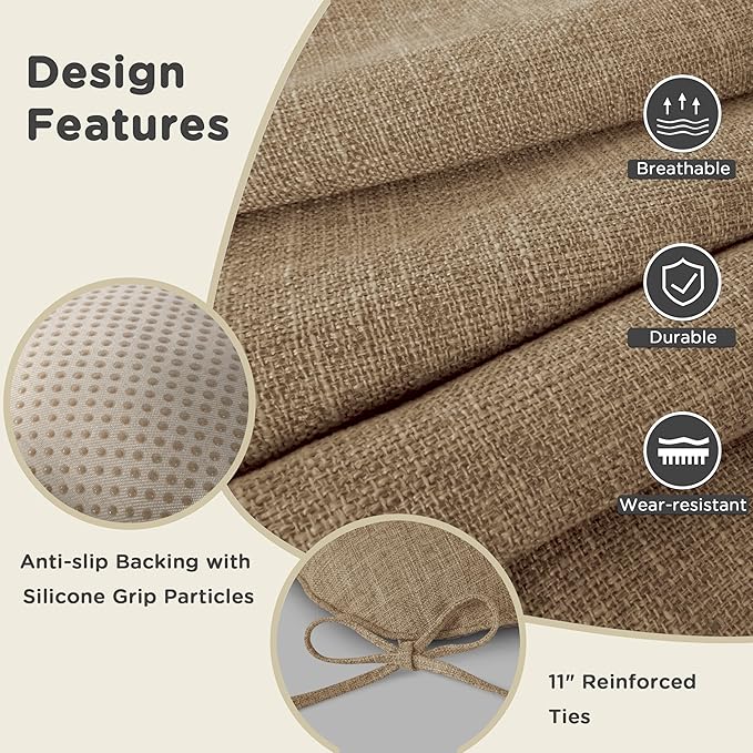 AddGrace Chair Cushions for Dining Chairs Set of 1 Kitchen Seat Cushions with Ties and Non Slip Backing Tufted Indoor Seat Pad for Kitchen Dining Room 18" x 17" x 3" Light Brown