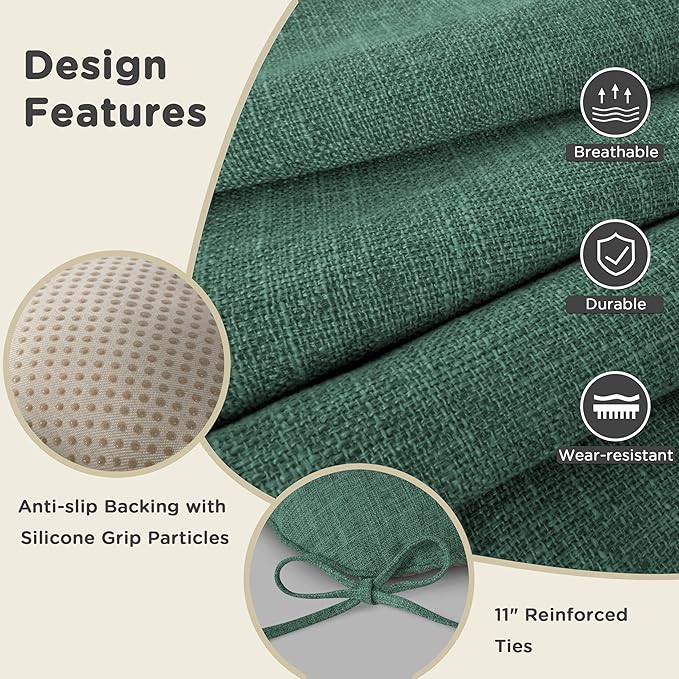 AddGrace Chair Cushions for Dining Chairs Set of 2 Kitchen Seat Cushions with Ties and Non Slip Backing Tufted Indoor Seat Pad for Kitchen Dining Room 18" x 17" x 3" Dark Green
