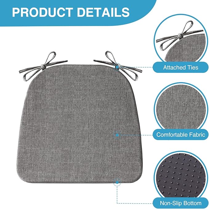 IASEAHK Chair Cushions for Dining Chairs Set of 6, Non Slip Kitchen Chair Pads, 17" x 16" x 2", Indoor Dining Chair Cushions with Ties, D-Shaped Seat Cushions for Kitchen Chairs, Dark Grey
