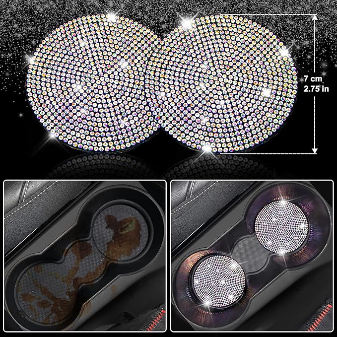 CAR PASS Bling Diamond Leather Seat Covers Sets 12pcs Shining Car Accessories Set for Women, Sparkly Rhinestone Steering Wheel Cover, Glitter Cute Crystal for Women Girl, Bedazzed Multicolor Diamond