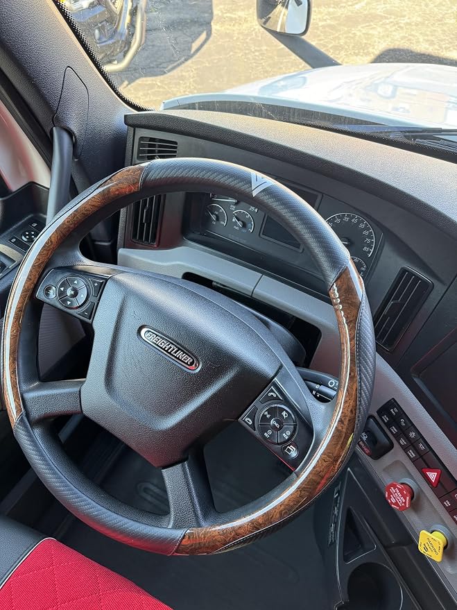 18-Inch Genuine Leather Steering Wheel Cover for Semi Trucks – Wood Grain Imitation Finish, Heavy-Duty Non-Slip Grip, Durable and Comfortable Interior Upgrade