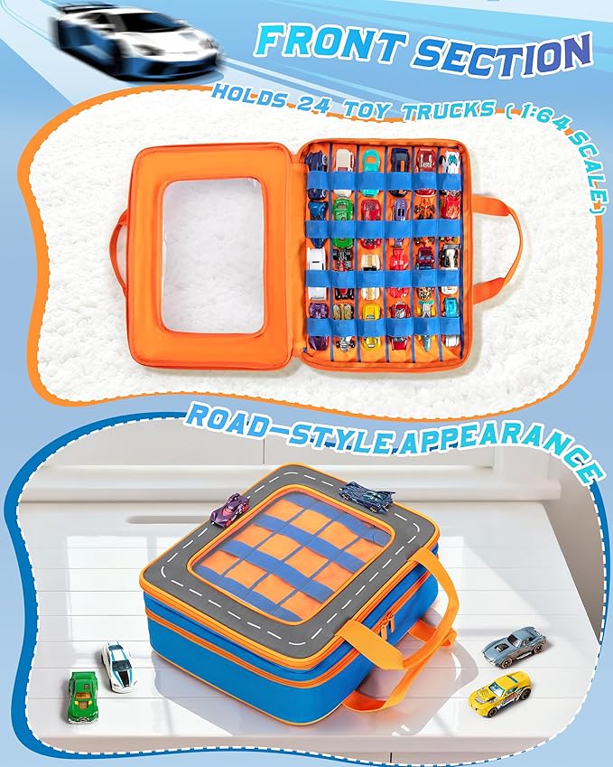 Storage Case Compatible with Hot Wheels Toy Trucks and Monster Trucks (Hold 66 Pcs), Toy Car Storage Case with Front Display Window, Blue