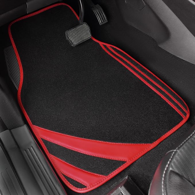 CAR PASS Red Edge Leather Car Floor Mats, Universal Waterproof Car Mats with Double Stitch Line and Anti-Slip Backing Design, for Cute Girly Women, Fit 95% Automotive,SUVs,Sedan,Vans (Black and Red)