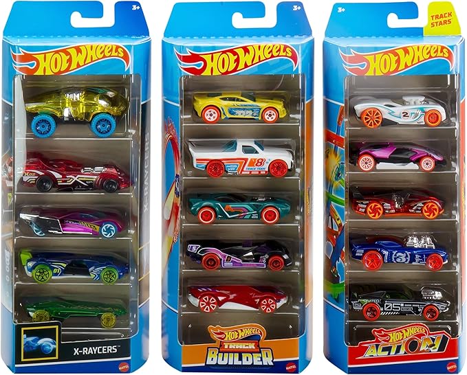 Hot Wheels Toy Cars & Trucks, Track Bundle Set of 15, 3 Different Track-Themed Packs of 5 1:64 Scale Vehicles for Collectors & Kids