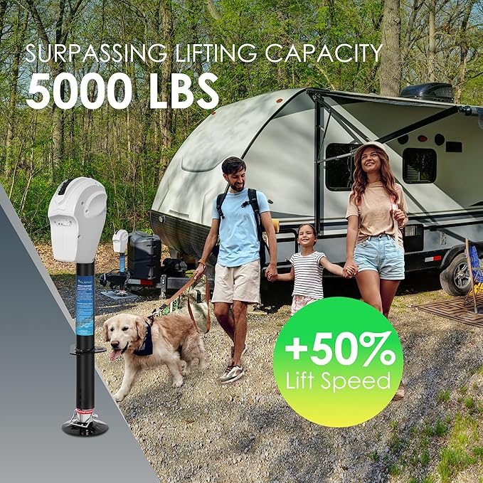 POLESTAR Electric Trailer Jack 5000lbs, A-Frame RV Electric Power Tongue Jack with Waterproof Protective Cover & LED Light, Electric Jacks for Travel Trailers Camper, RV, 12V DC, White, 22.5" Lift