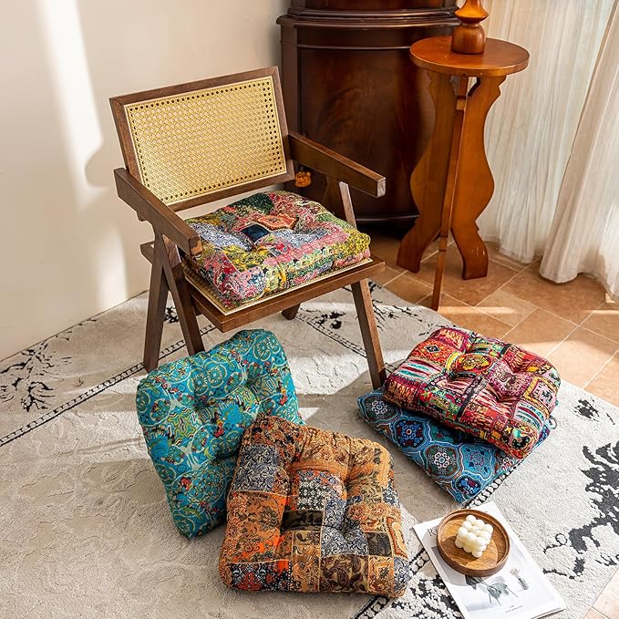 vctops Boho Paisley Chair Cushions with Ties Patchwork U-Shaped Soft Cozy Cotton Linen Chair Pads Non Slip Seat Cushions for Indoor Dining Room and Kitchen Chairs (Tan,18"x18")