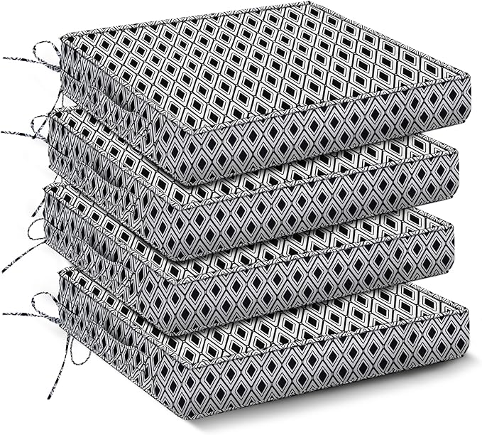 IPYNBAP Outdoor Chair Cushions Set of 4 -Waterproof Outdoor Seat Cushions for Patio Furniture, Patio Chair Cushion with Handle and Ties, Out Door Chair Pads,18.5x16x3-Square, Black Geometry