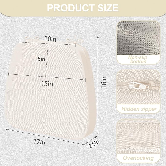 17'' x 16'' x 2.5"Thick Chair Cushions for Dining Chairs, 4 Pack WaterProof Easy Clean Kitchen Chair Pads with Ties and Non-Slip Backing - 30D High Elastic Foam Soft Kitchen Chair Cushions