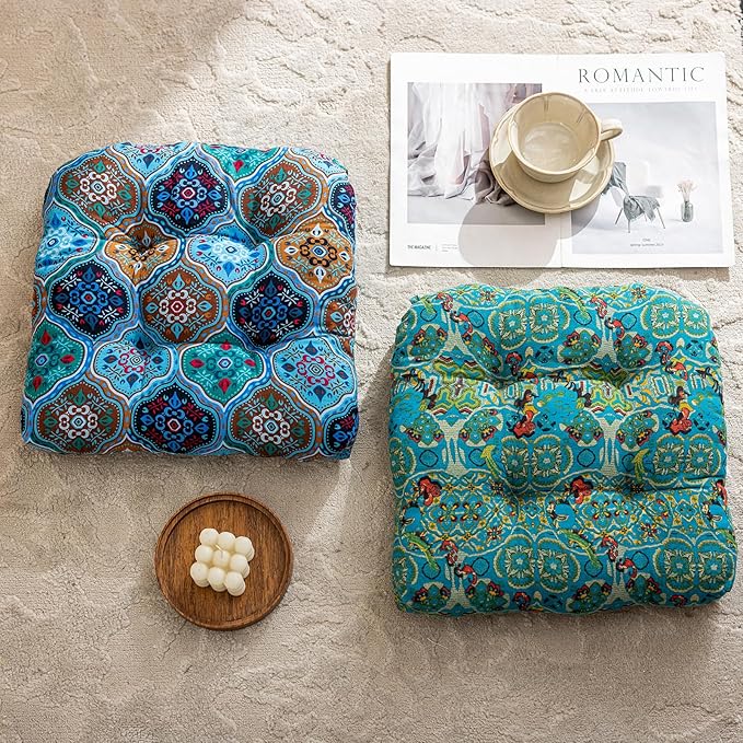 vctops Boho Geometric Chair Cushions with Ties U-Shaped Soft Cozy Cotton Linen Chair Pads Non Slip Seat Cushions for Indoor Dining Room and Kitchen Chairs (Blue,18"x18")