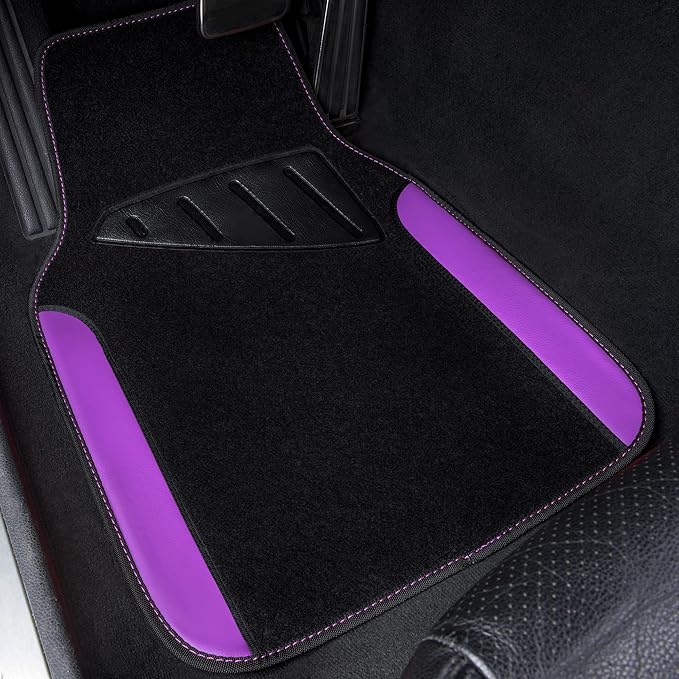 CAR PASS Waterproof Universal Fit Car Floor Mats, Faux Leather Car Carpet Mats with Anti-Slip Nibbs Backing & Driver Heel Pad Fit for SUV,Vans,sedans, Trucks,Set of 4pcs for Women (Black with Purple)