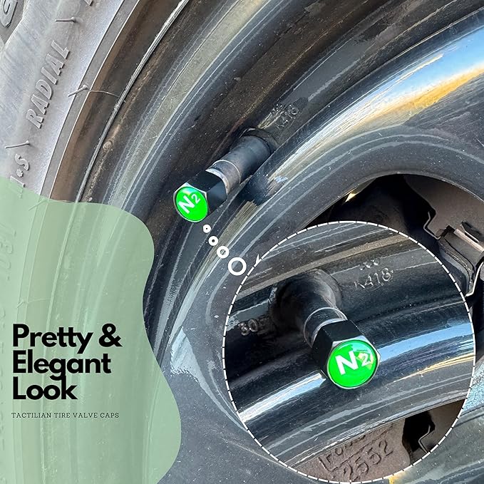 TACTILIAN N2 Nitrogen Tire Valve Caps | Leakproof Aluminum Tire Valve Stem Caps Green with Rubber O-Rings for Nitrogen Filled Tires | N2 Tire Valve Caps Green 4 Pack