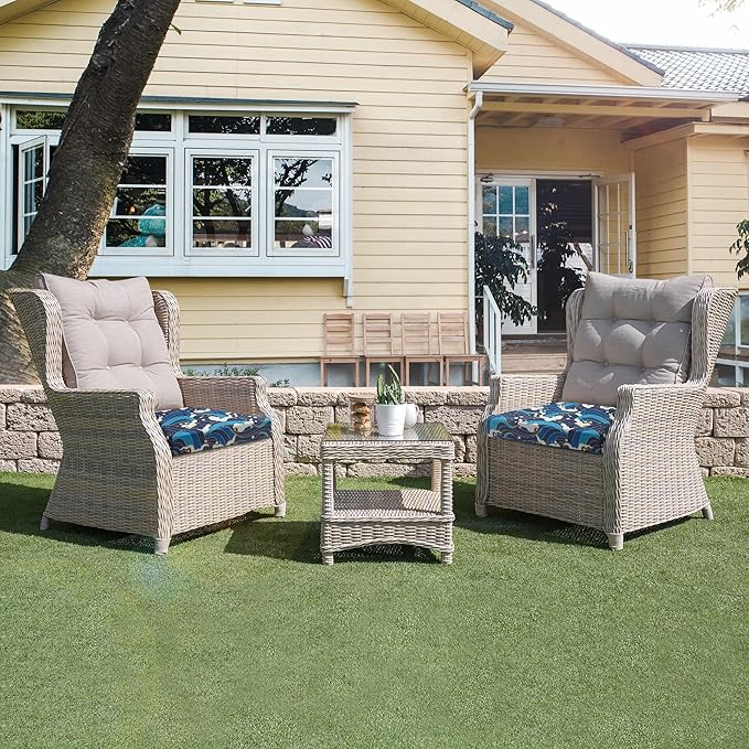 UNIKOME Outdoor Chair Cushions Pack of 4, Water Resistant Patio Cushions with Ties, High Density Sponge Filling Square Corner Seat Cushions for Outdoor Furniture, 18.5"*16"*3", Blue/Waves