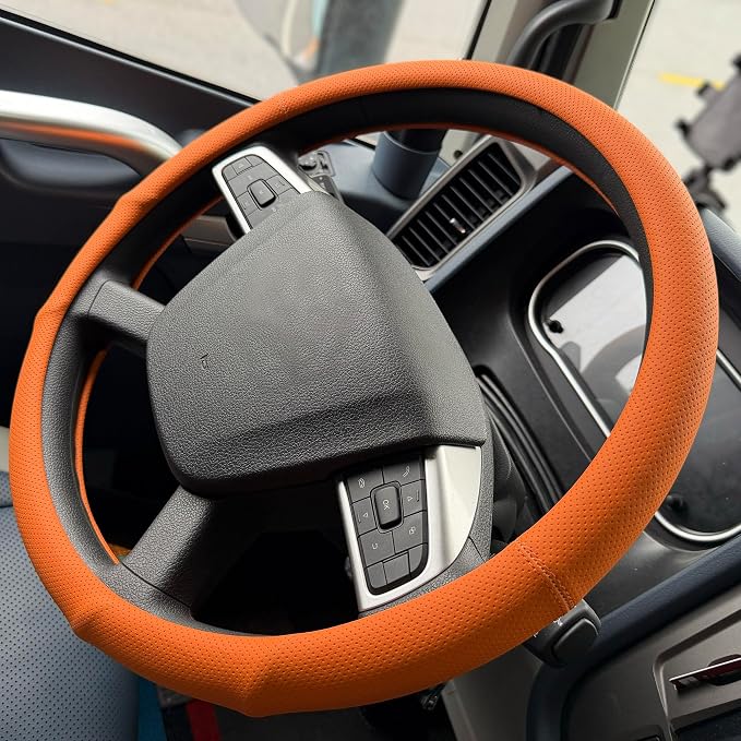PINCTROT XL 17.5-18in Nappa Leather Supported Grip Steering Wheel Cover for Semi Truck, Fits RV, Big Rig Trucker, 18 Wheeler and Classic Cars, Anti-Slip Perforated Design 17.5-18 Inch (Hot Orange)