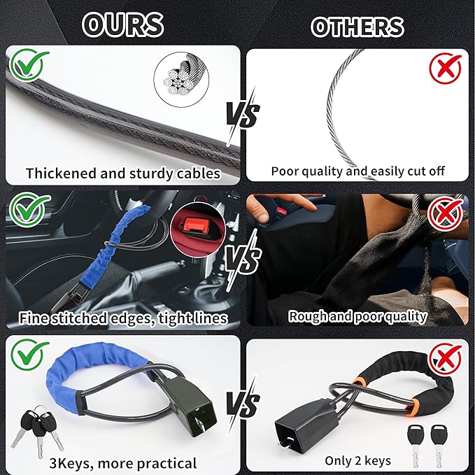 Car Steering Wheel Lock, 1 Pack Anti Theft Car Device with Max 17” Locking Length, Thickened Steel Wire, and Fine Stitched Edges, 3 Keys Included, Easy to Store, Fits Most Vehicles, SUVs（Blue）