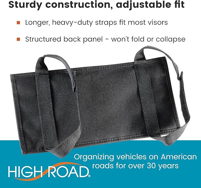 High Road Car Visor Organizer with Secure Zip Pockets, Sunglasses Holder and Clear Registration and Insurance Pocket - Heavy Duty Straps Fit Most Car, SUV and Truck Visors