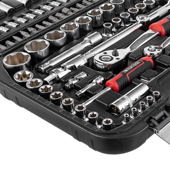 INTERTOOL Metric Socket Set Super Lock, 1/4-inch & 1/2-inch Drive, 110-Piece, Quick Release Ratchets, Extensions, Adapters, Bits, Screwdriver, Metal Latch Hard Case, Tool Gift, ET08-8110