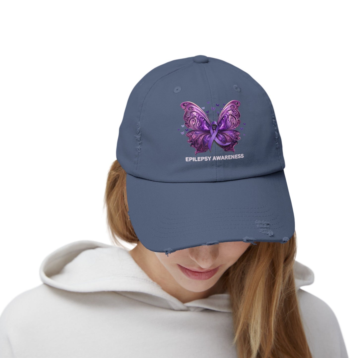 Epilepsy Awareness Butterfly Distressed Hat – Purple Ribbon Awareness Cap