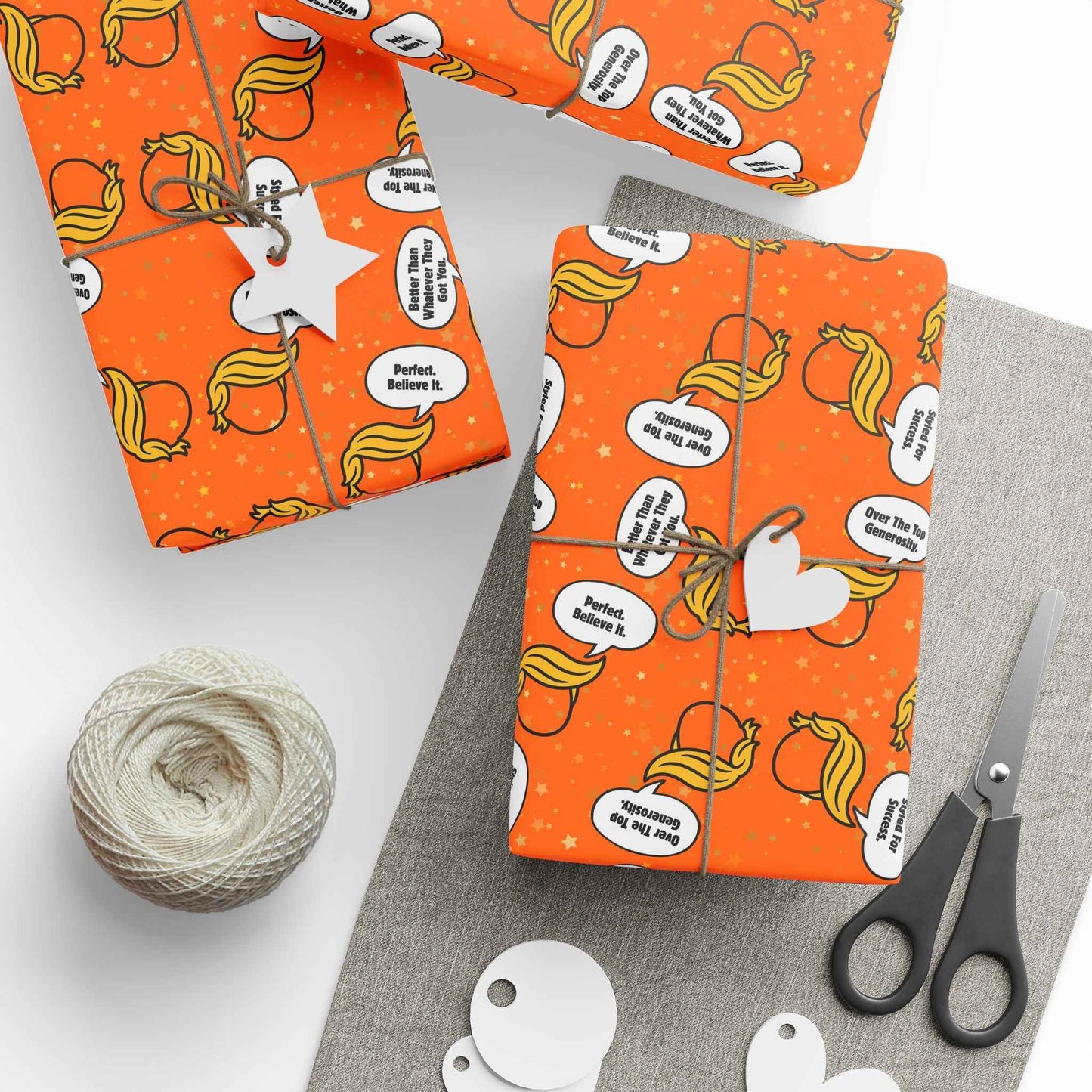 “Styled for Success” Parody Gift Wrap – Blonde Whoosh & Gold Stars