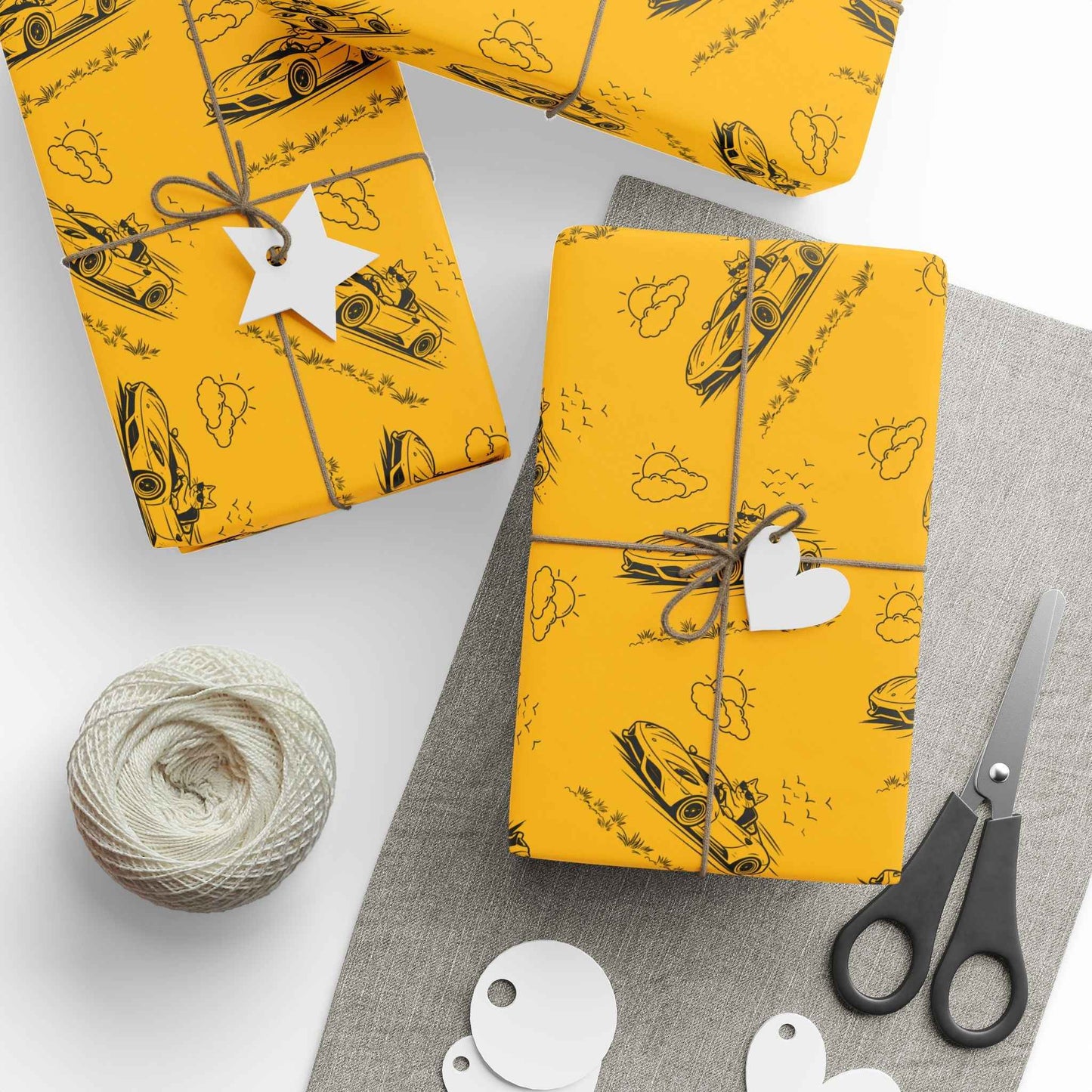 Zoomies Road Trip Cat Wrapping Paper – Golden Sketch Gift Wrap with Racing Cat Design