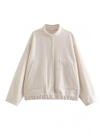 Autumn Casual Full Size Drop Shoulder Snap Down Jacket with Buttoned Front and Pockets