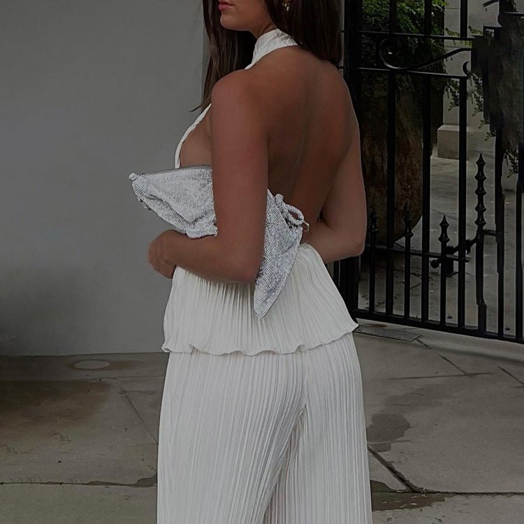Pleated High Waist Wide Leg Pants Suit Women