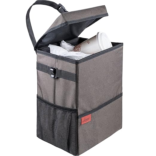 Lusso Gear Car Trash Can, 3.5 Gallon Capacity, Brown Color, Manual-Lift Opening Mechanism