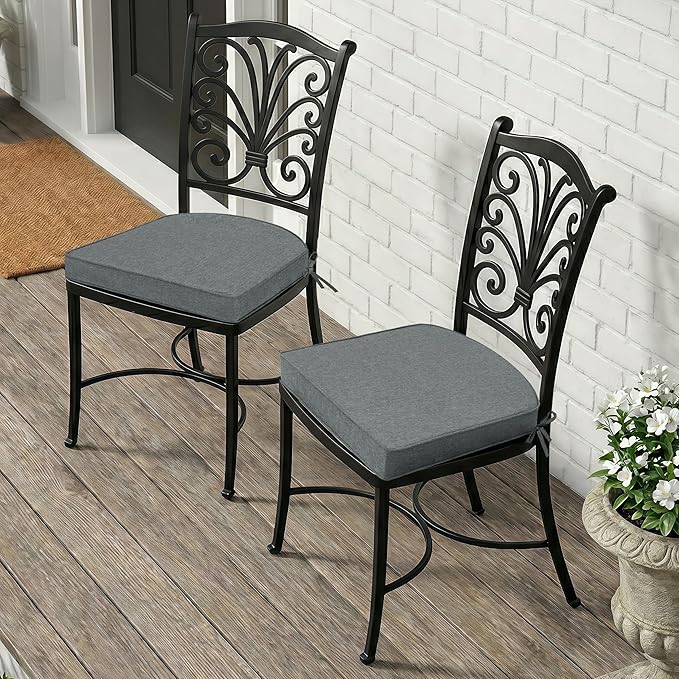 Outdoor Chair Cushions, Fade-Resistant & Water-Resistant, D Shaped Patio Furniture Seat Chair Pads Replacement with Ties, Non-Slip Bottom, Removable Cover, Set of 6, 17 x 16 Inch, Dark Grey